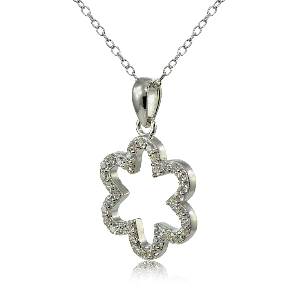 Sterling Silver Cubic Zirconia Open Flower Necklace-2