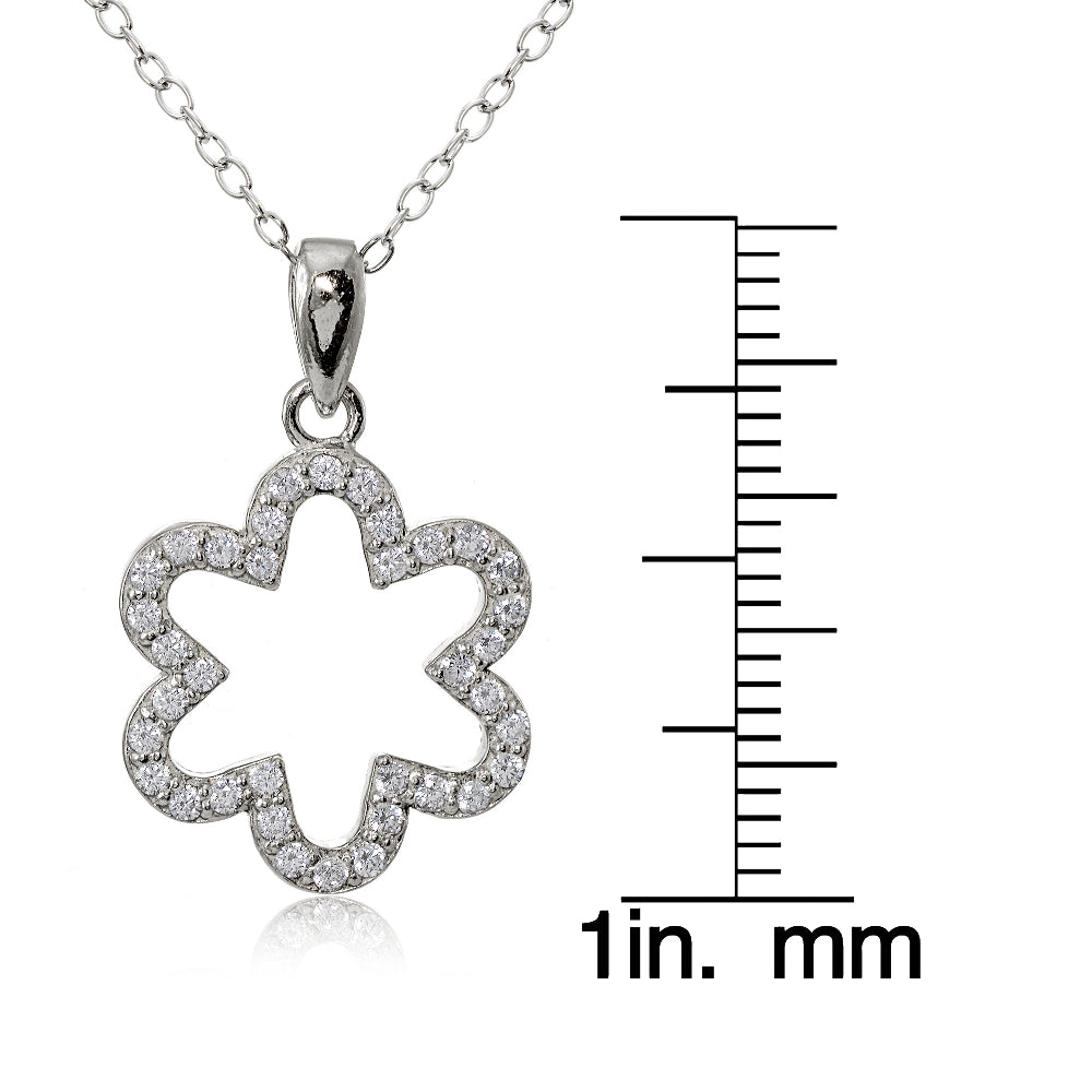 Sterling Silver Cubic Zirconia Open Flower Necklace-3