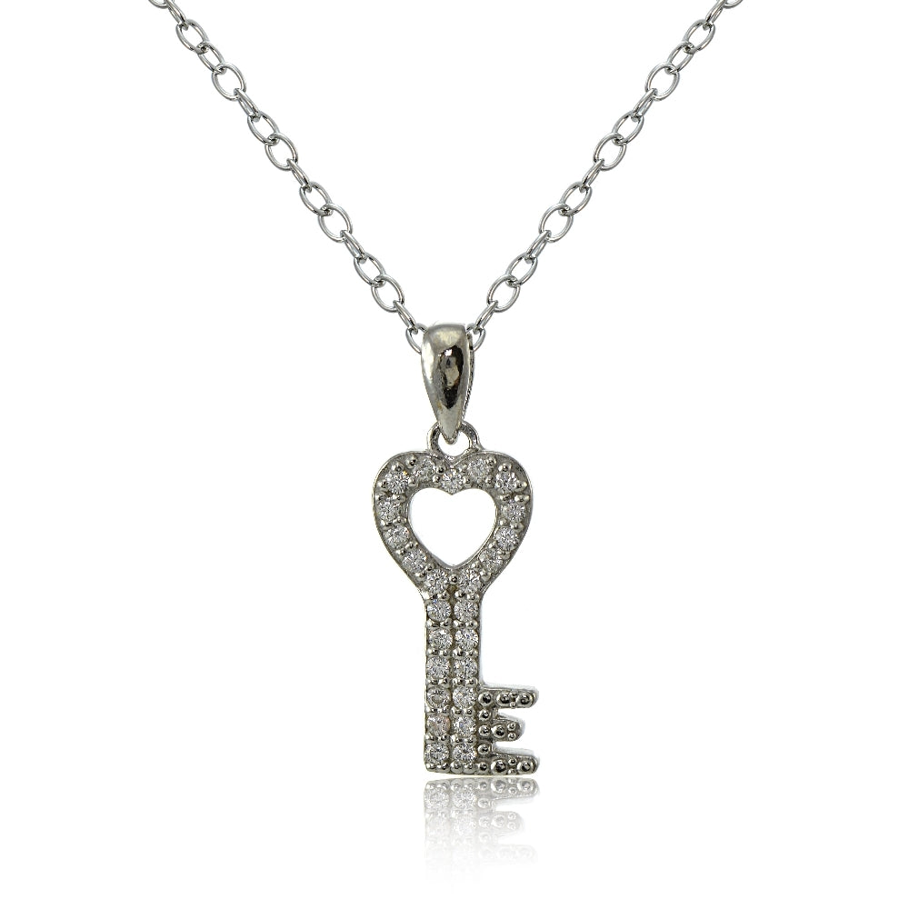 Sterling Silver Cubic Zirconia Heart Key Necklace
