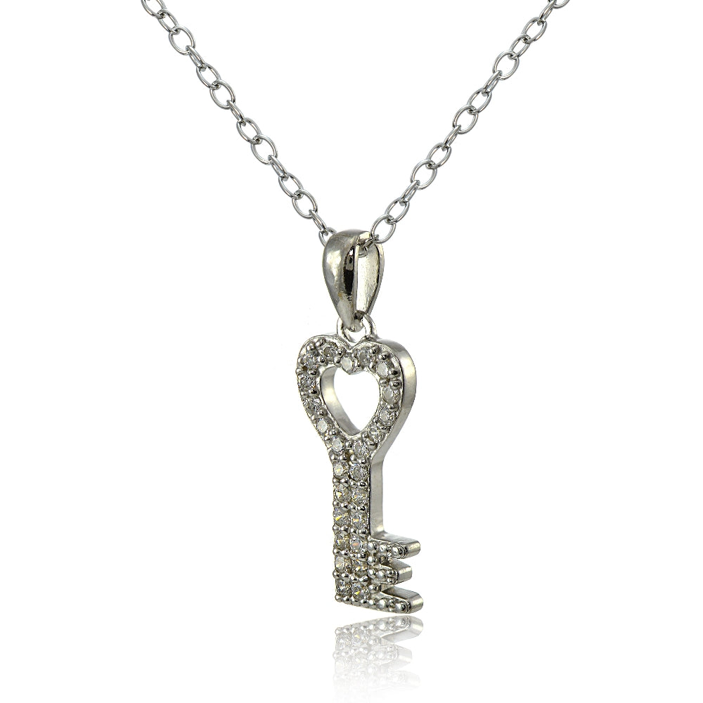 Sterling Silver Cubic Zirconia Heart Key Necklace-2