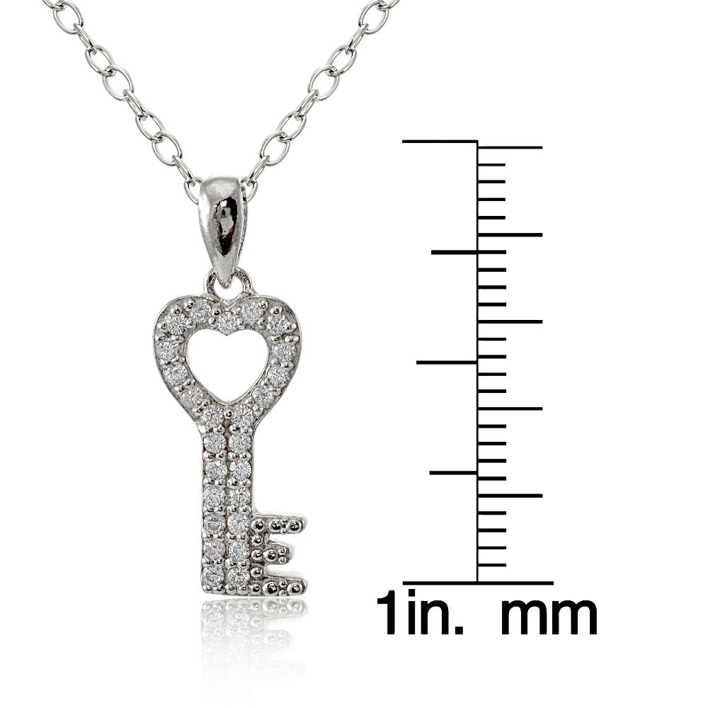 Sterling Silver Cubic Zirconia Heart Key Necklace-3
