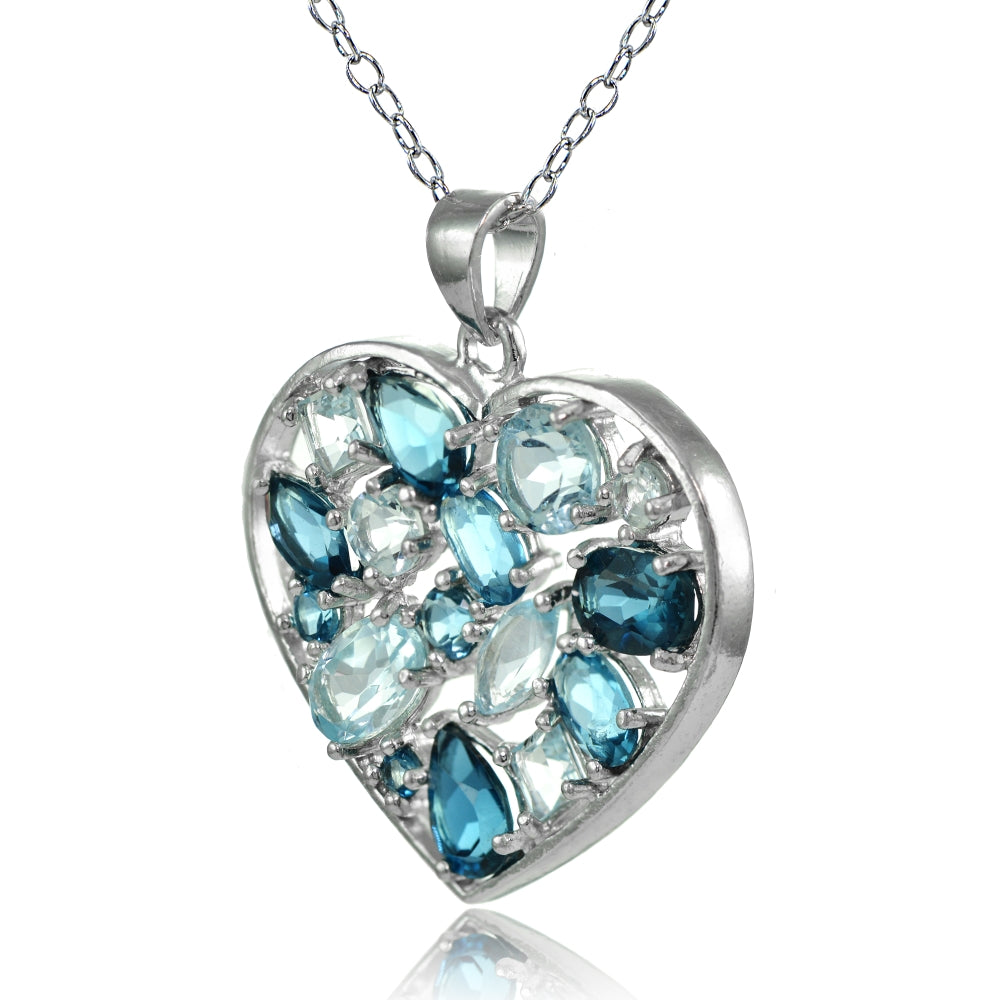Sterling Silver London Blue & Blue Topaz Cluster Heart Tonal Necklace-2