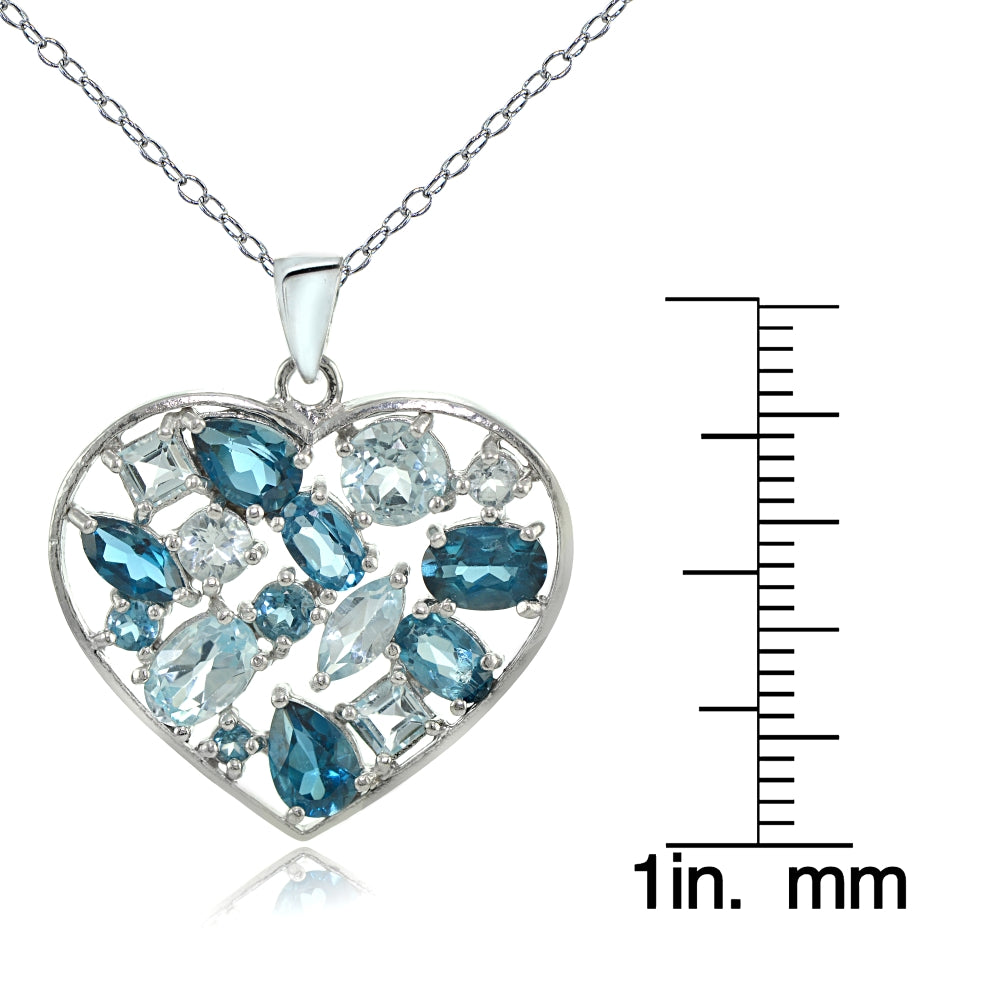 Sterling Silver London Blue & Blue Topaz Cluster Heart Tonal Necklace-3