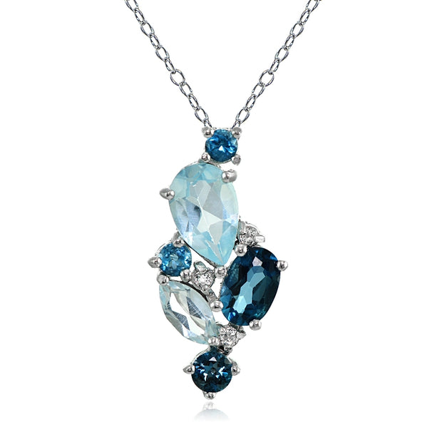 Sterling Silver London Blue, Blue and White Topaz Cluster Tonal Necklace