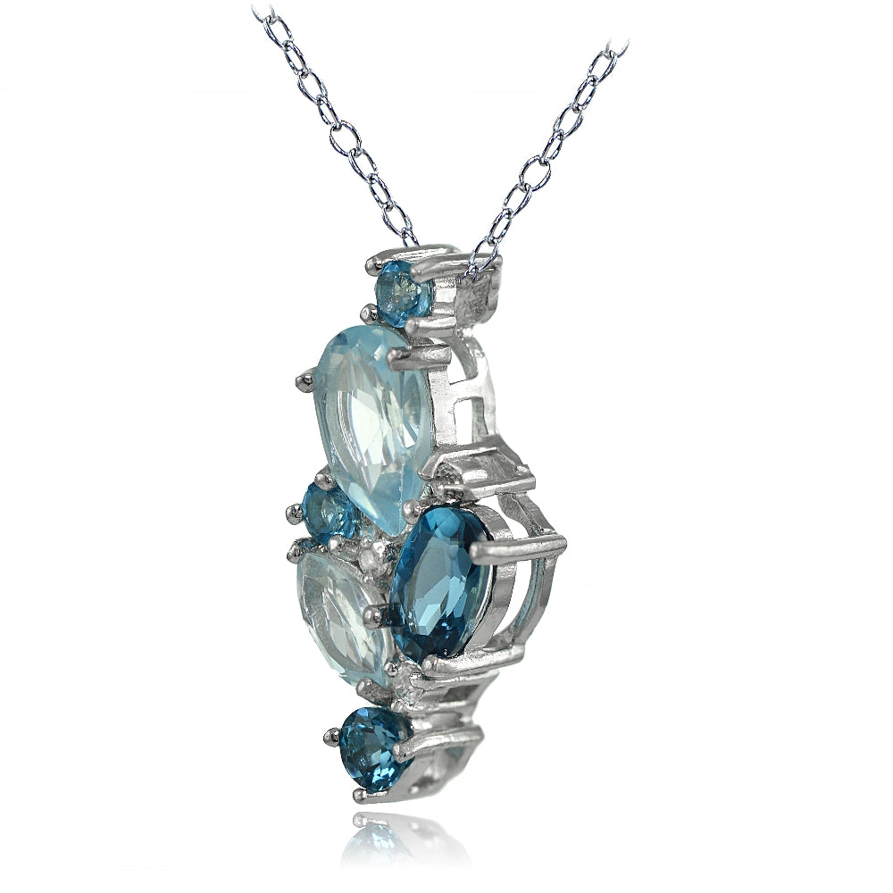 Sterling Silver London Blue, Blue and White Topaz Cluster Tonal Necklace-2