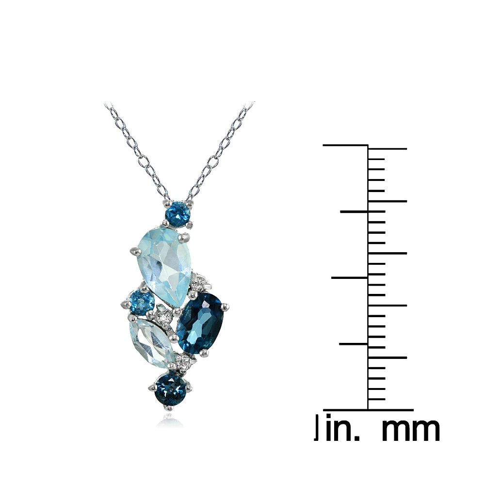 Sterling Silver London Blue, Blue and White Topaz Cluster Tonal Necklace-3