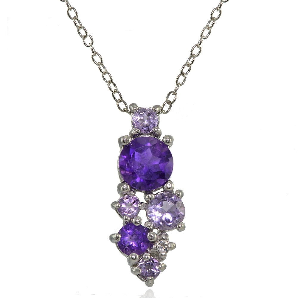 Sterling Silver African Amethyst, Amethyst and White Topaz Round Cluster Necklace