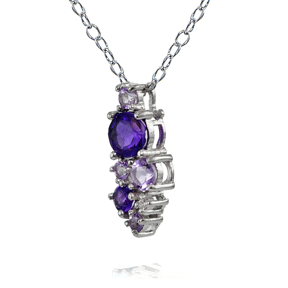Sterling Silver African Amethyst, Amethyst and White Topaz Round Cluster Necklace-2
