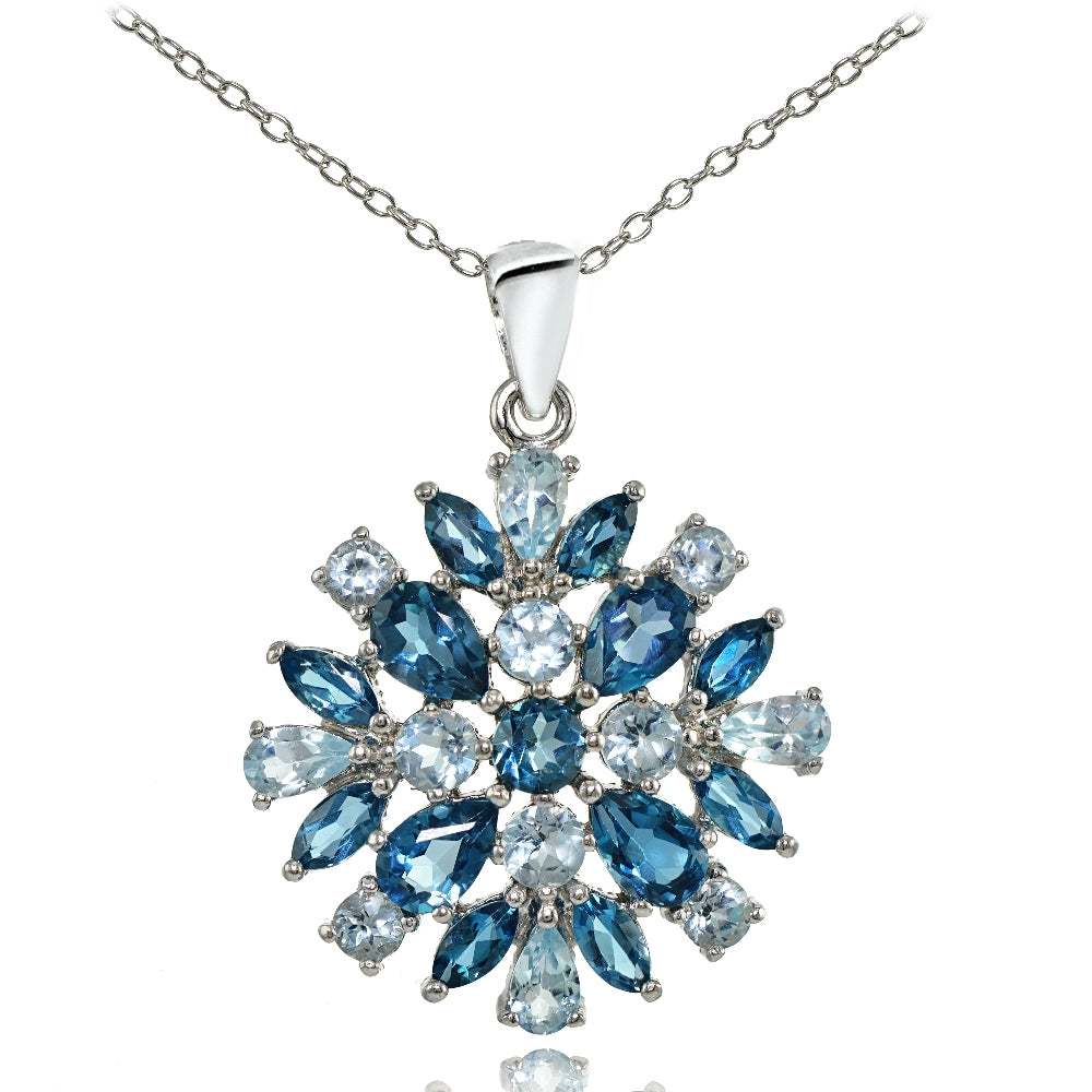 Sterling Silver London Blue Topaz & Blue Topaz Cluster Starburst Necklace