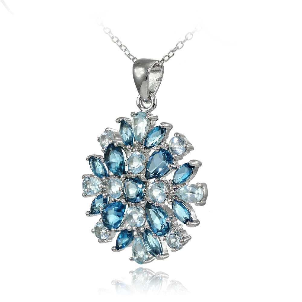 Sterling Silver London Blue Topaz & Blue Topaz Cluster Starburst Necklace-2