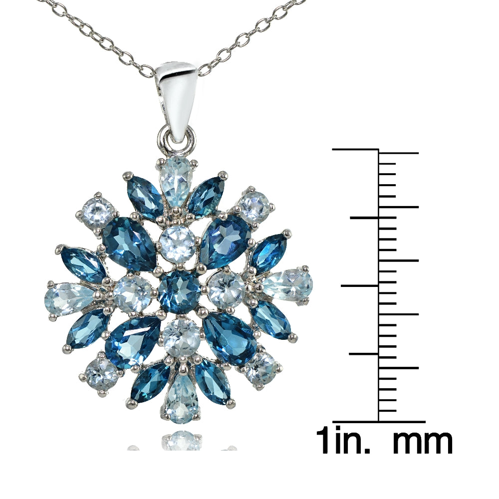 Sterling Silver London Blue Topaz & Blue Topaz Cluster Starburst Necklace-3
