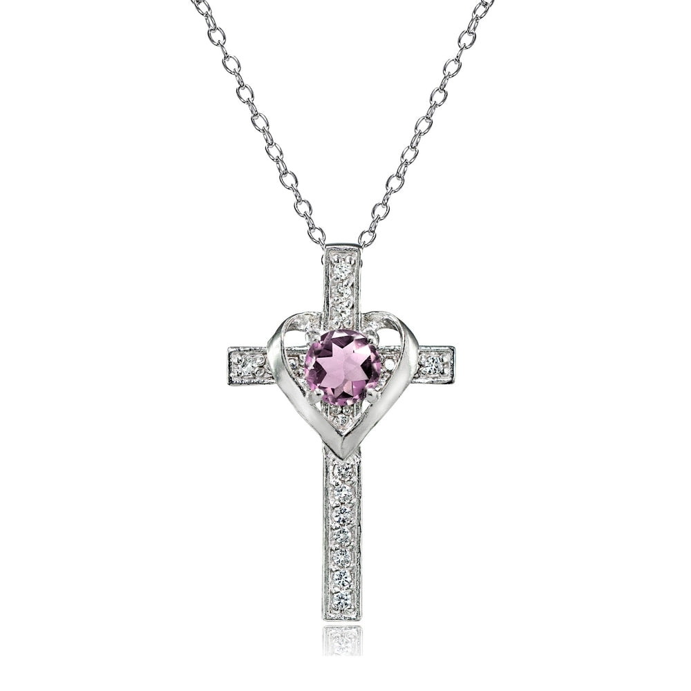 Sterling Silver Created Alexandrite and White Topaz Heart in Cross Necklace for Women Girls