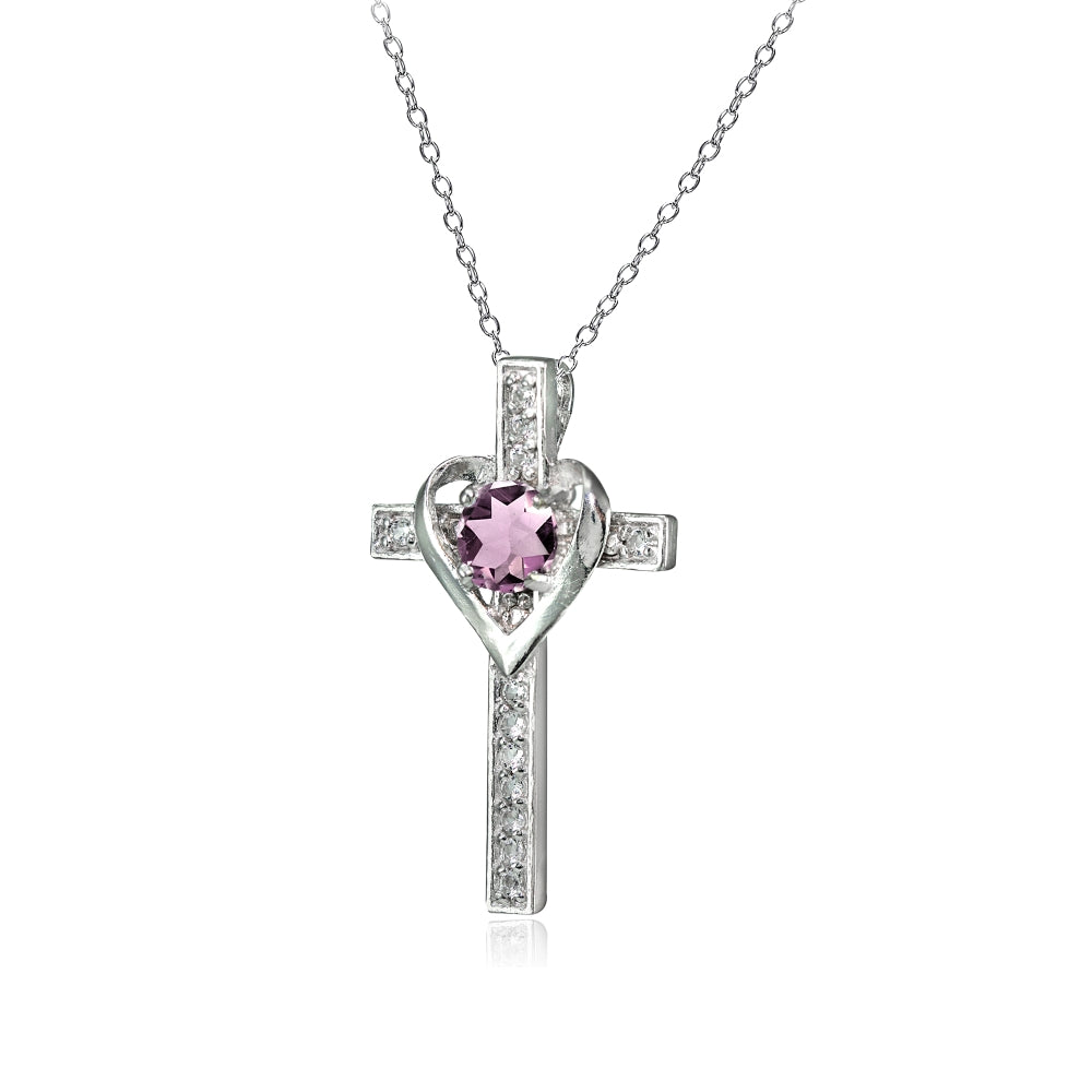 Sterling Silver Created Alexandrite and White Topaz Heart in Cross Necklace for Women Girls-2