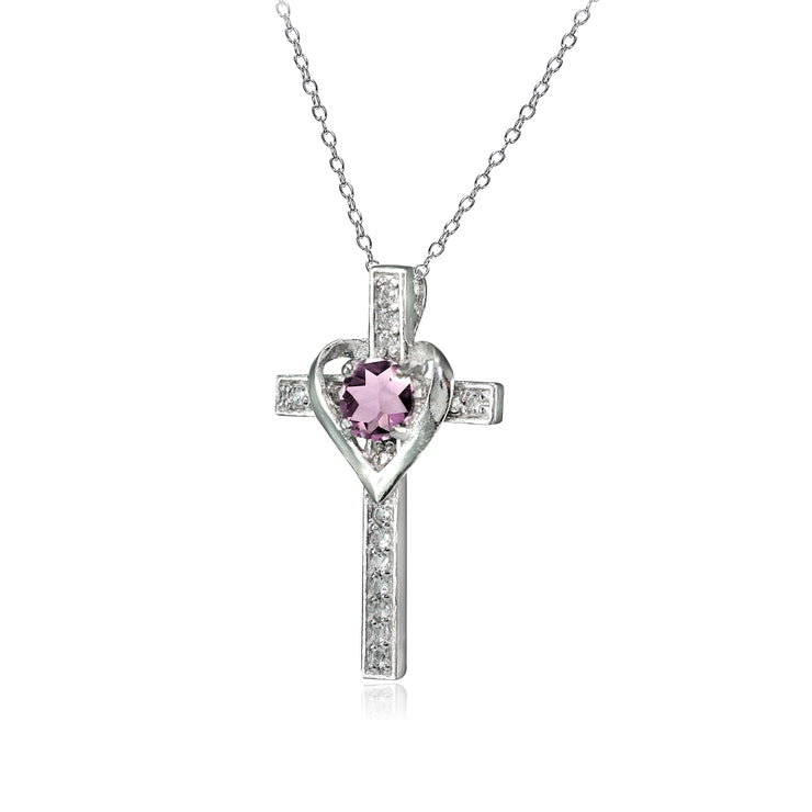 Sterling Silver Created Alexandrite and White Topaz Heart in Cross Necklace for Women Girls