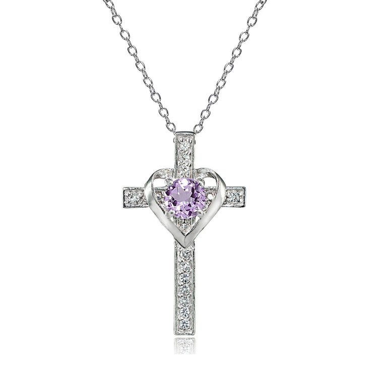 Sterling Silver Amethyst and White Topaz Heart in Cross Necklace for Women Girls