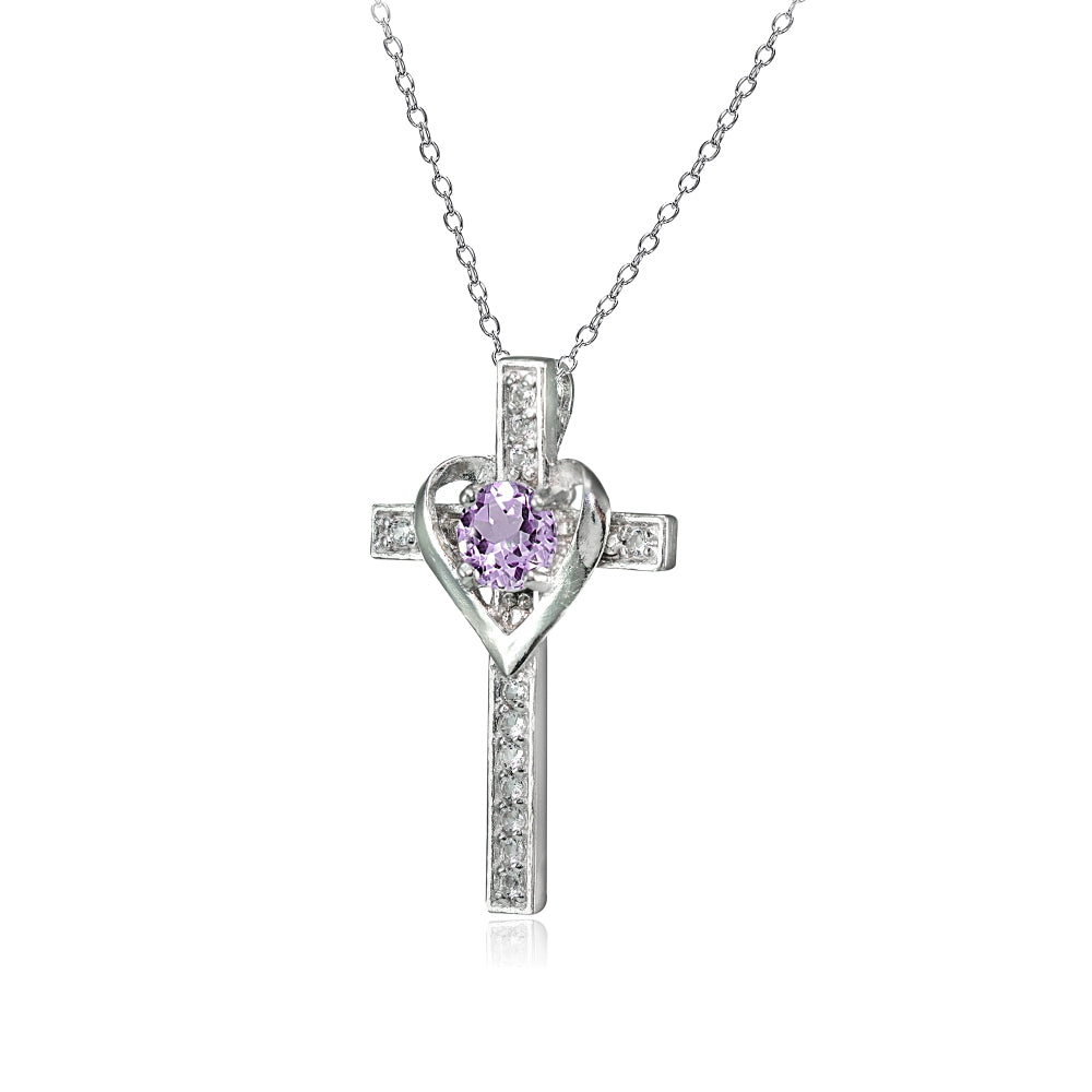 Sterling Silver Amethyst and White Topaz Heart in Cross Necklace for Women Girls-2