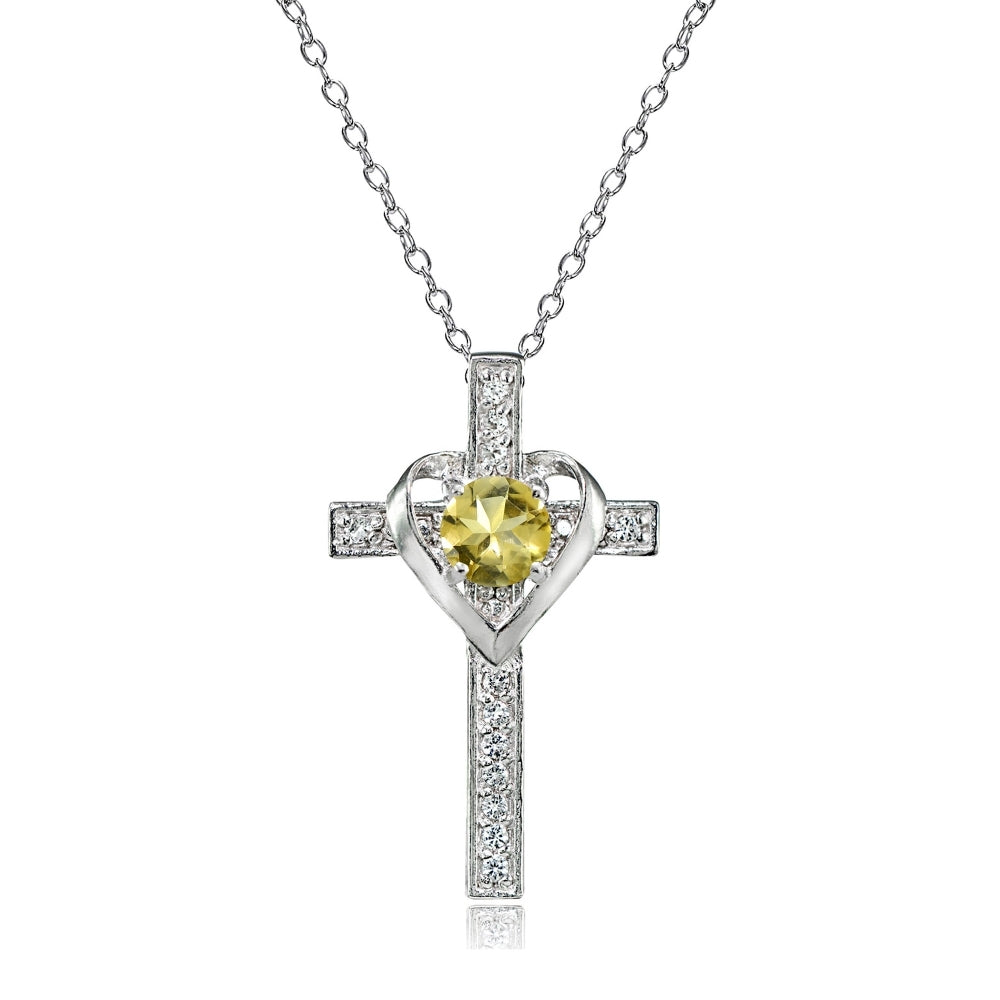 Sterling Silver Citrine and White Topaz Heart in Cross Necklace for Women Girls