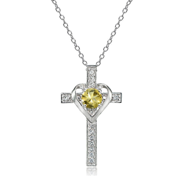 Sterling Silver Citrine and White Topaz Heart in Cross Necklace for Women Girls