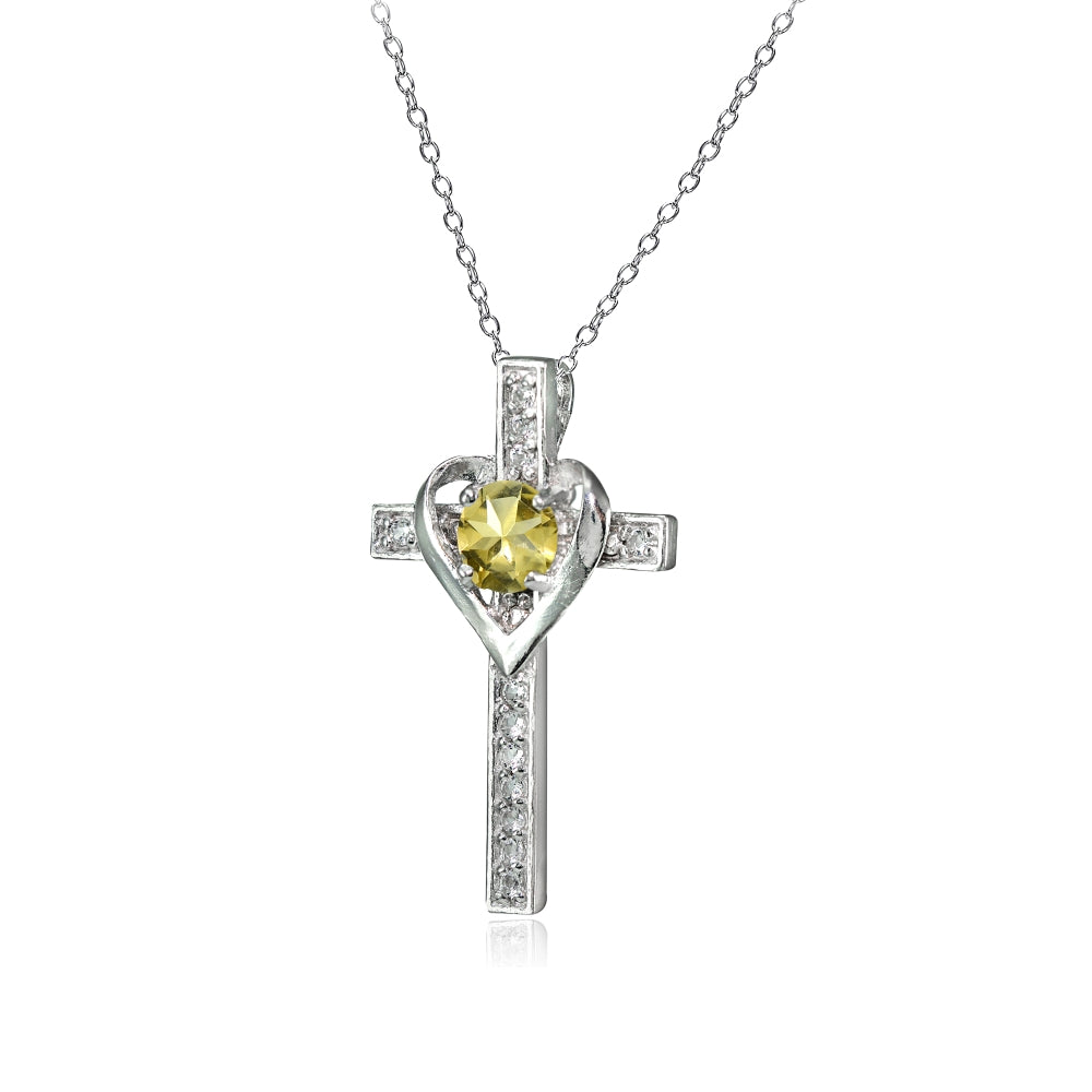 Sterling Silver Citrine and White Topaz Heart in Cross Necklace for Women Girls-2