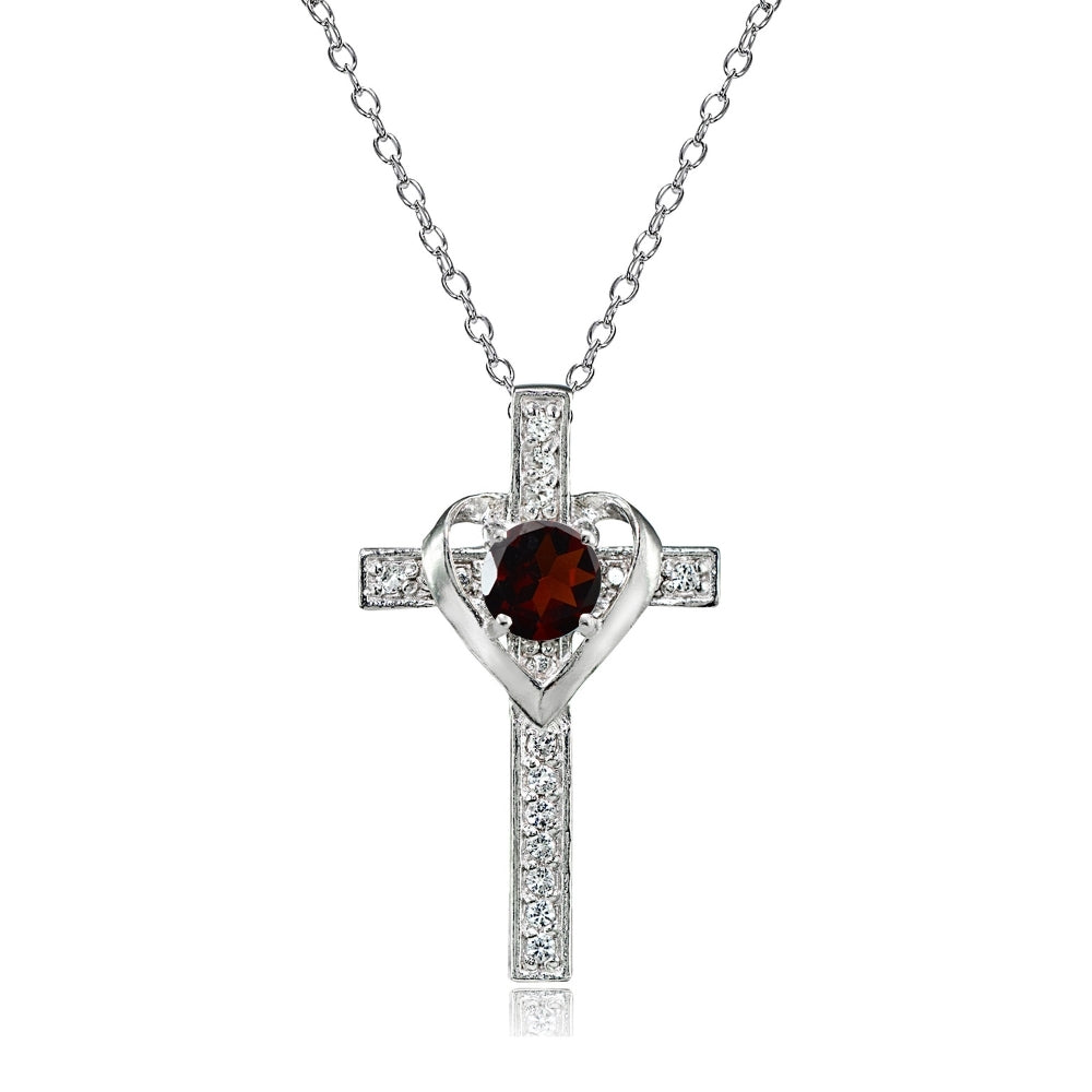 Sterling Silver Garnet and White Topaz Heart in Cross Necklace for Women Girls