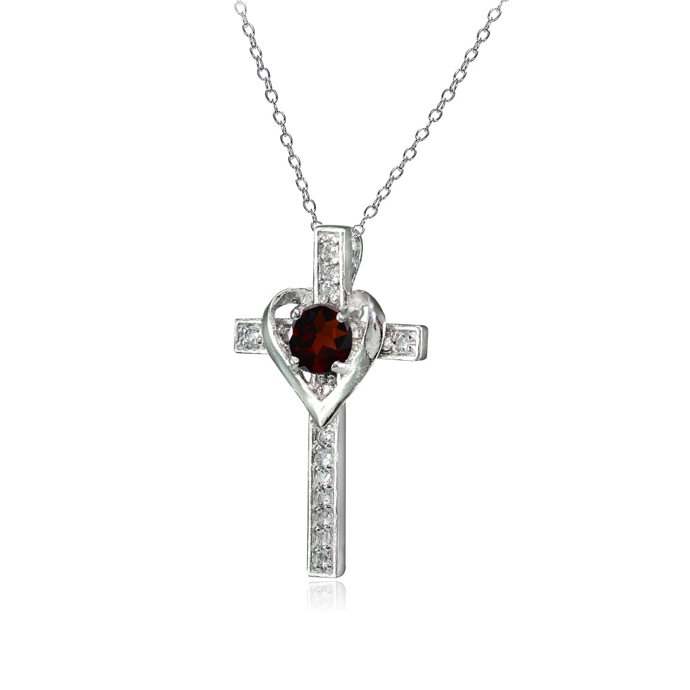 Sterling Silver Garnet and White Topaz Heart in Cross Necklace for Women Girls-2