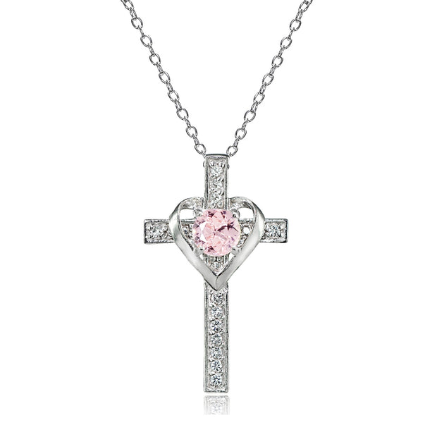 Sterling Silver Created Morganite and White Topaz Heart in Cross Necklace for Women Girls