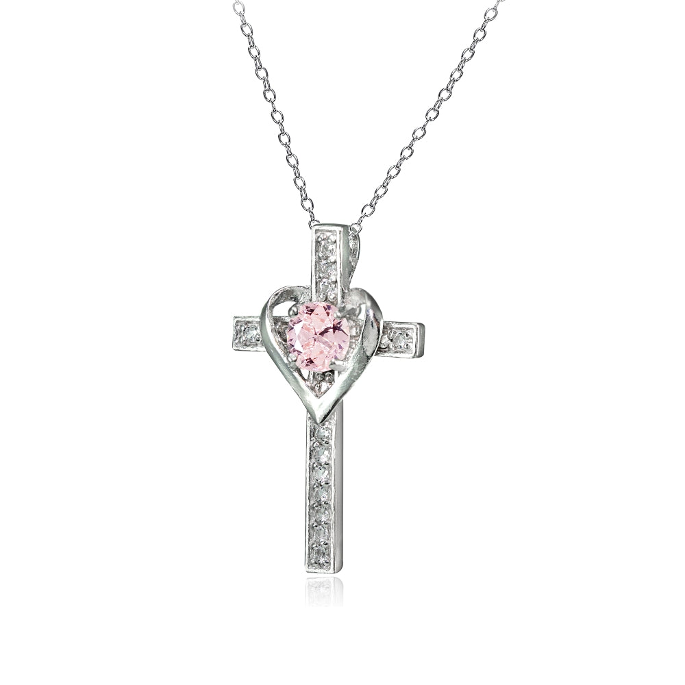 Sterling Silver Created Morganite and White Topaz Heart in Cross Necklace for Women Girls-2