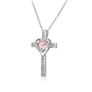 Sterling Silver Created Morganite and White Topaz Heart in Cross Necklace for Women Girls