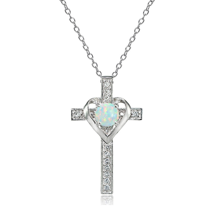 Sterling Silver Created White Opal and White Topaz Heart in Cross Necklace