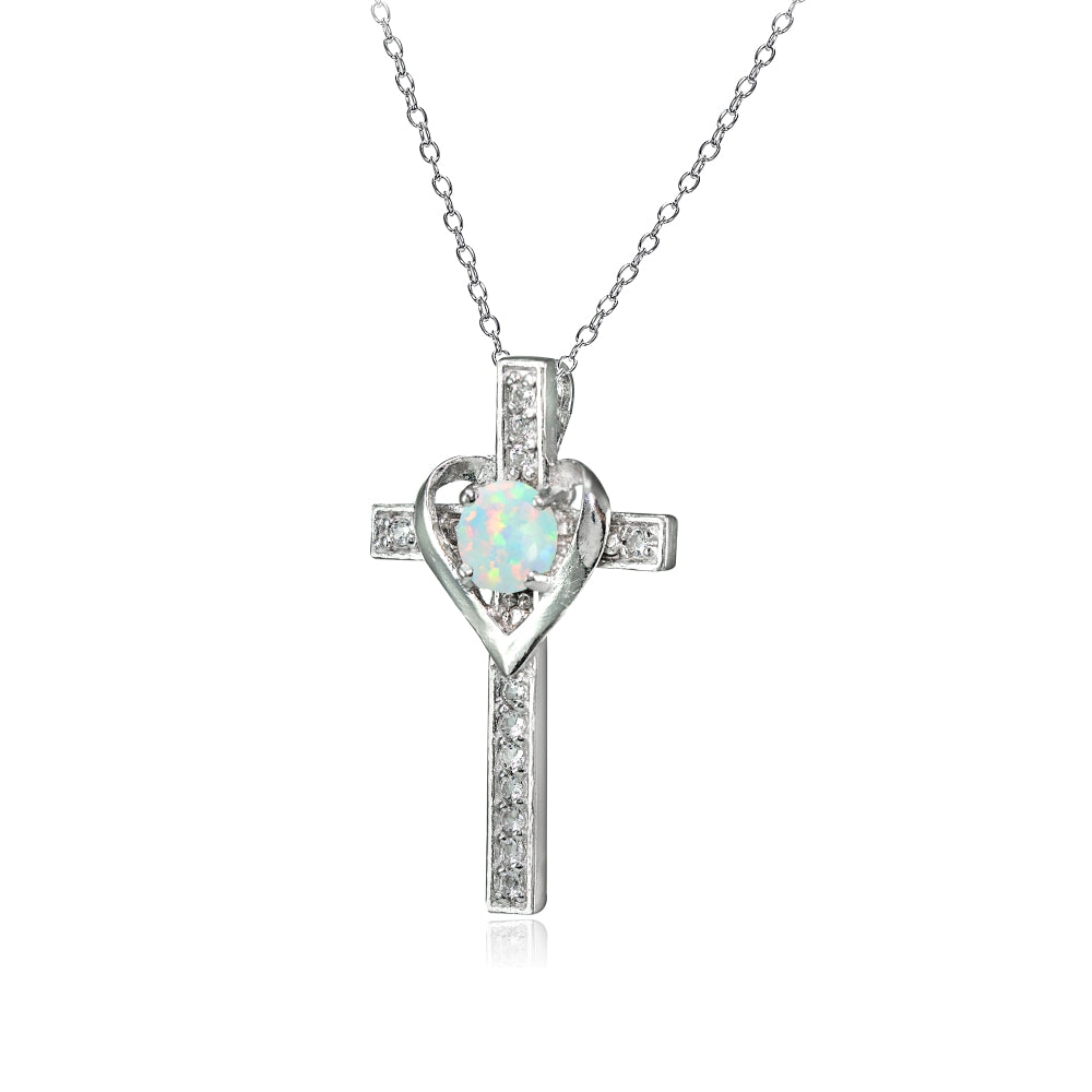 Sterling Silver Created White Opal and White Topaz Heart in Cross Necklace-2
