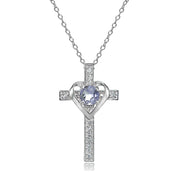 Sterling Silver Tanzanite and White Topaz Heart in Cross Necklace for Women Girls