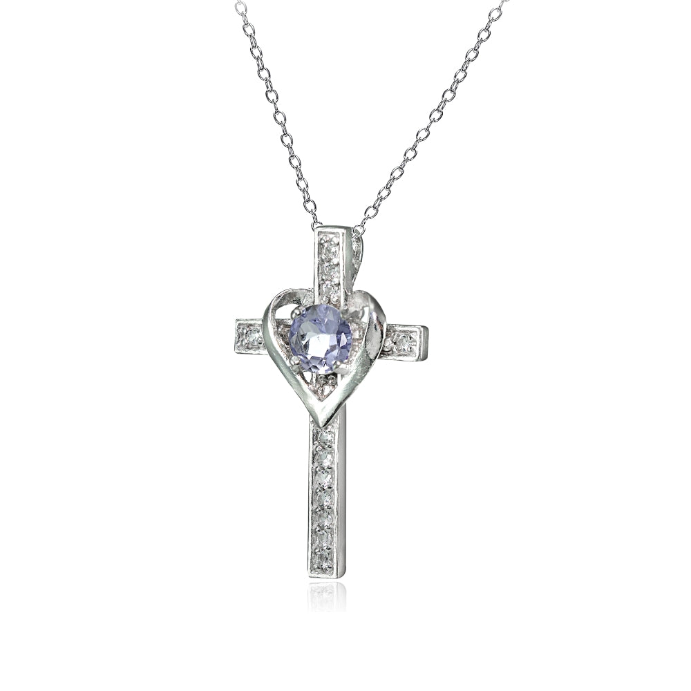 Sterling Silver Tanzanite and White Topaz Heart in Cross Necklace for Women Girls-2