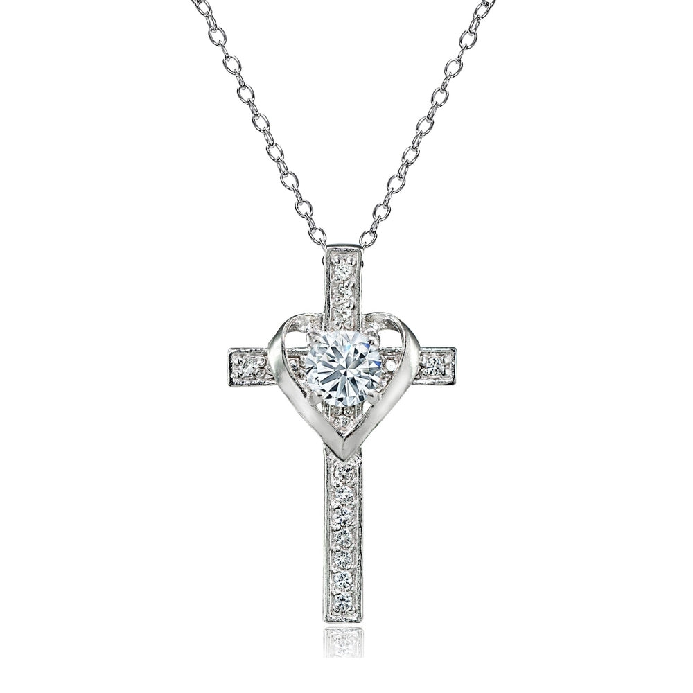 Sterling Silver Cubic Zirconia Heart in Cross Necklace for Women Girls