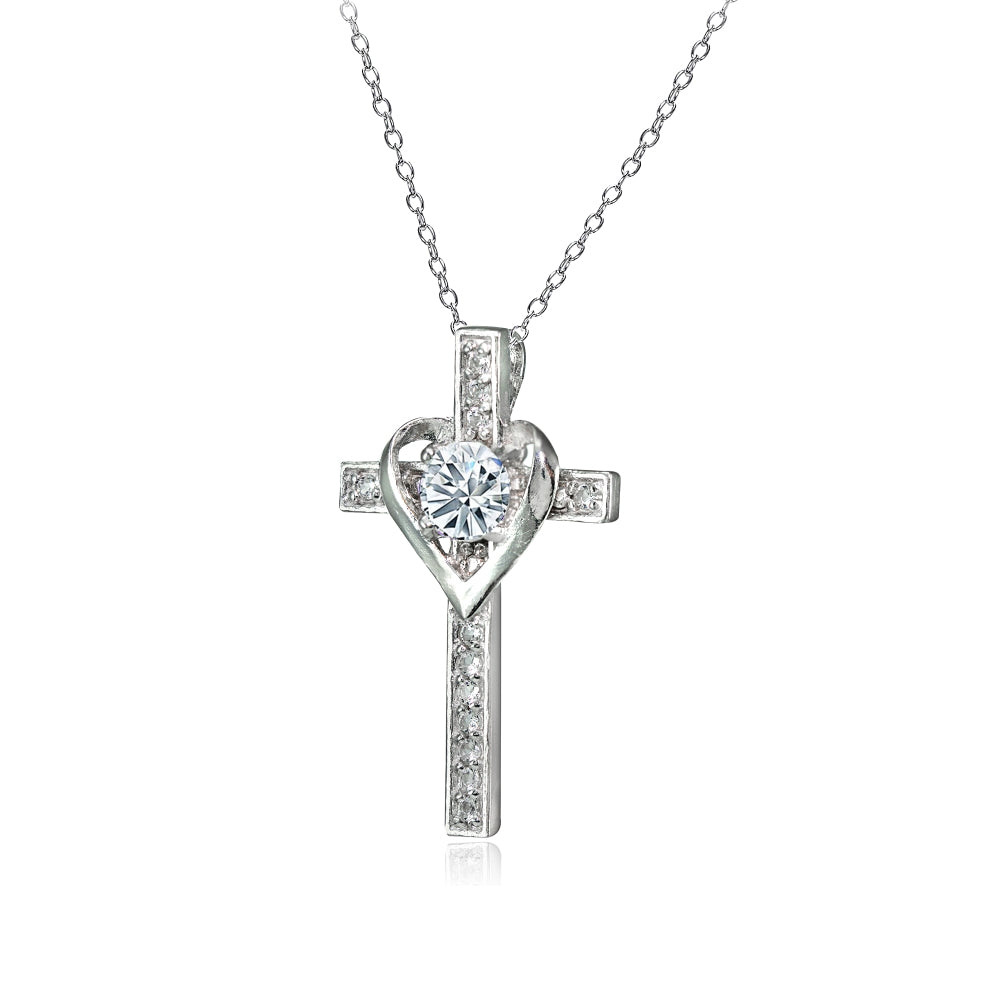 Sterling Silver Cubic Zirconia Heart in Cross Necklace for Women Girls-2
