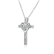 Sterling Silver Cubic Zirconia Heart in Cross Necklace for Women Girls