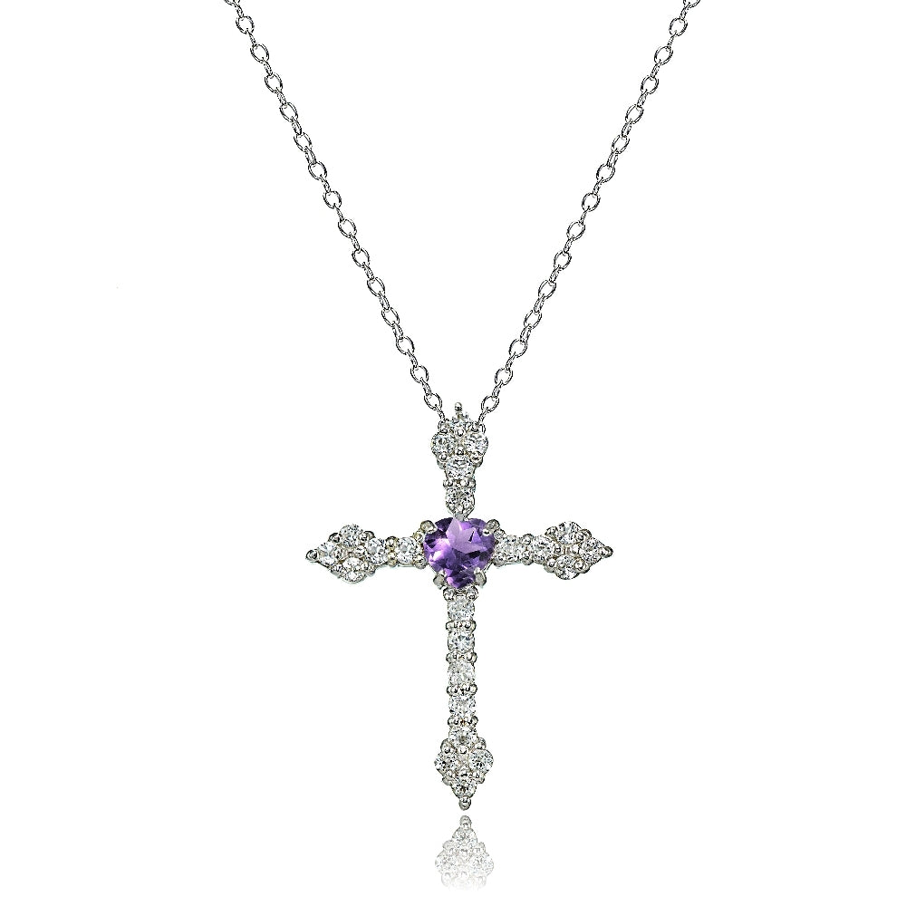 Sterling Silver Amethyst Heart & White Topaz Orthodox Cross Necklace