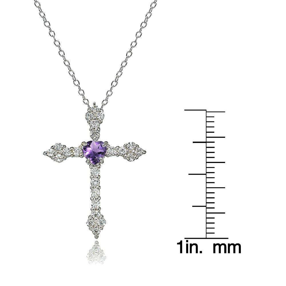Sterling Silver Amethyst Heart & White Topaz Orthodox Cross Necklace-2