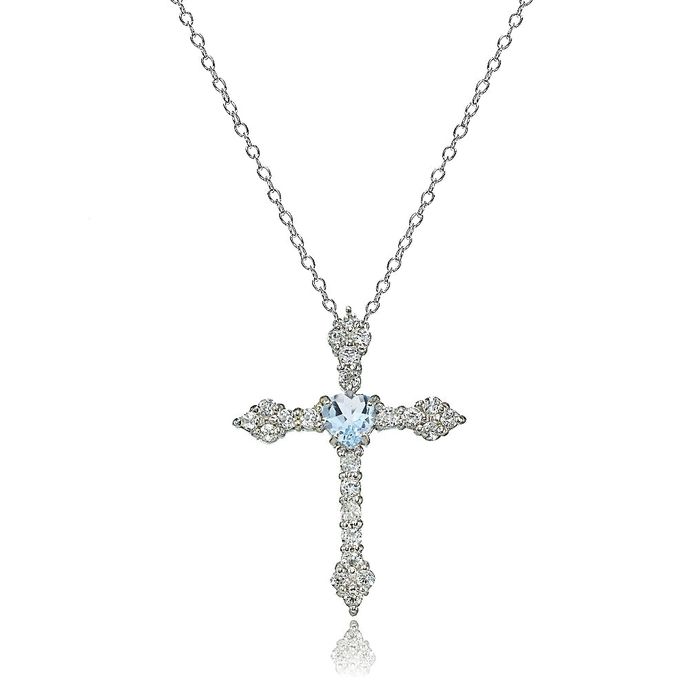 Sterling Silver Blue Topaz & White Topaz Heart Orthodox Cross Necklace