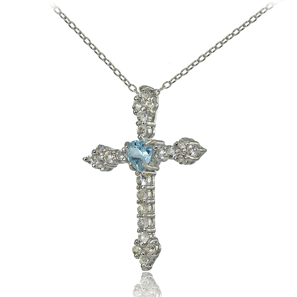 Sterling Silver Blue Topaz & White Topaz Heart Orthodox Cross Necklace-2