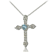 Sterling Silver Blue Topaz & White Topaz Heart Orthodox Cross Necklace