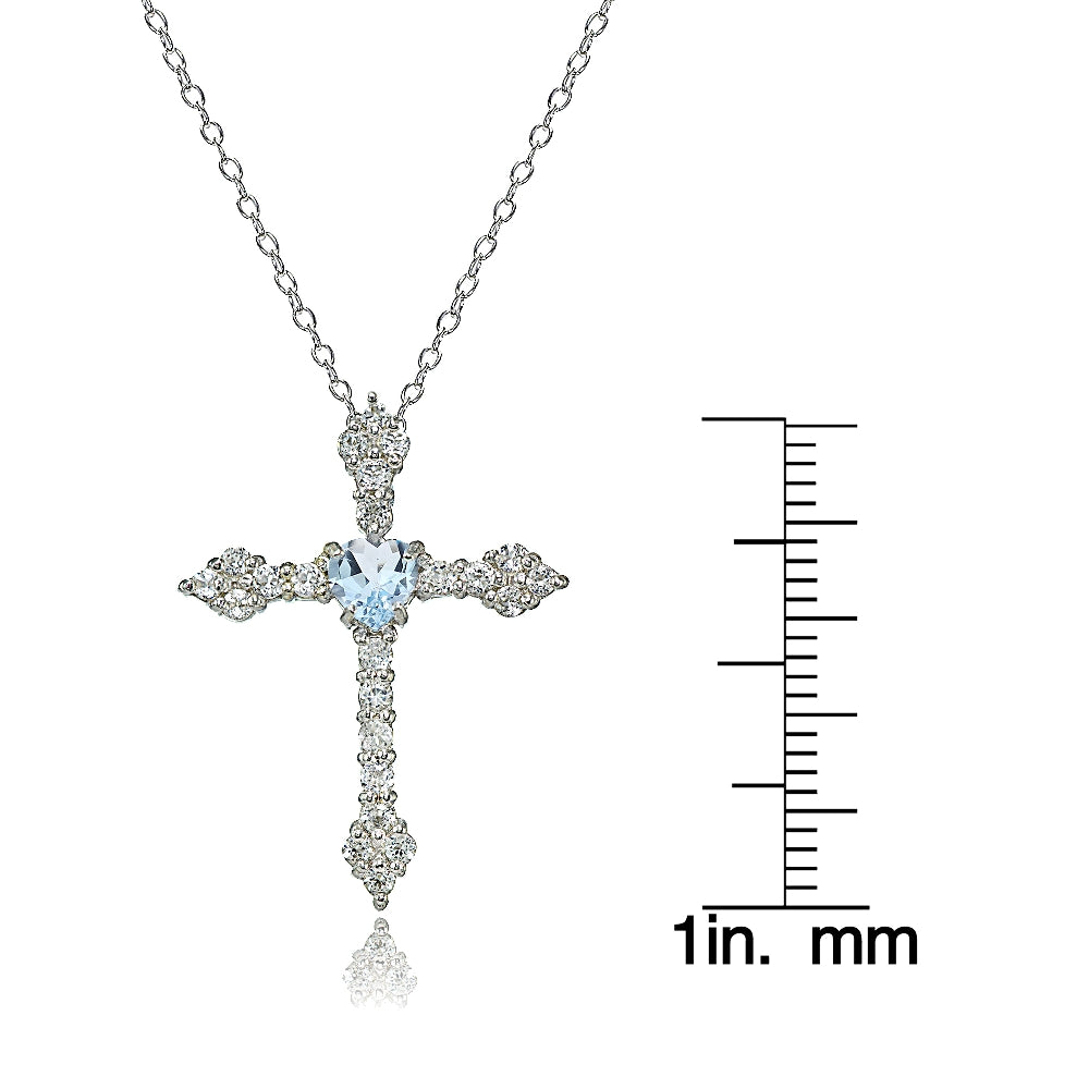 Sterling Silver Blue Topaz & White Topaz Heart Orthodox Cross Necklace-3