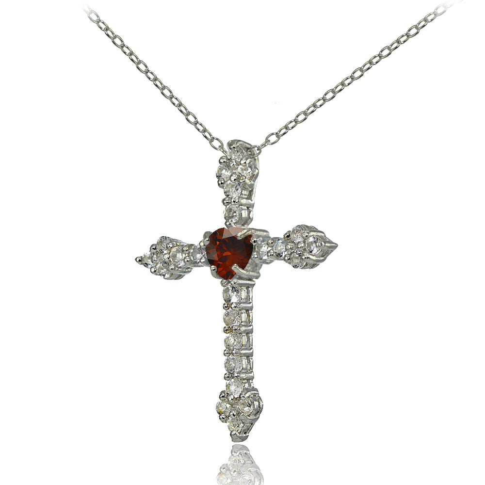 Sterling Silver Garnet & White Topaz Heart Orthodox Cross Necklace-2