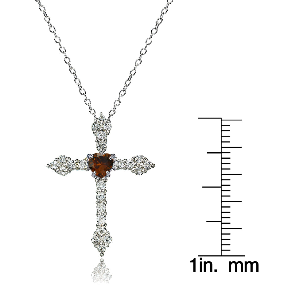 Sterling Silver Garnet & White Topaz Heart Orthodox Cross Necklace-3