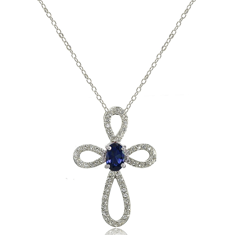 Sterling Silver Created Blue Sapphire & White Topaz Infinity Cross Necklace