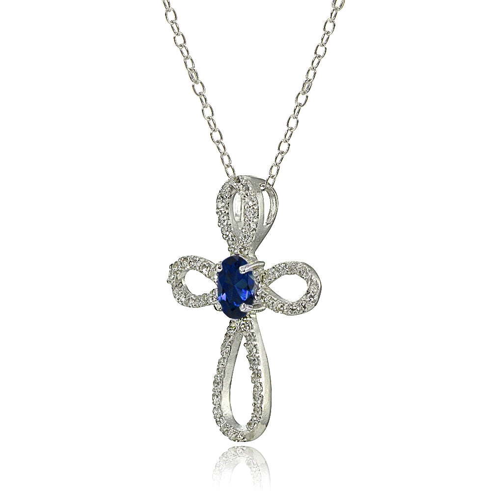 Sterling Silver Created Blue Sapphire & White Topaz Infinity Cross Necklace-2