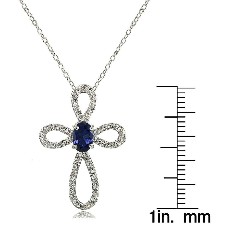 Sterling Silver Created Blue Sapphire & White Topaz Infinity Cross Necklace-3