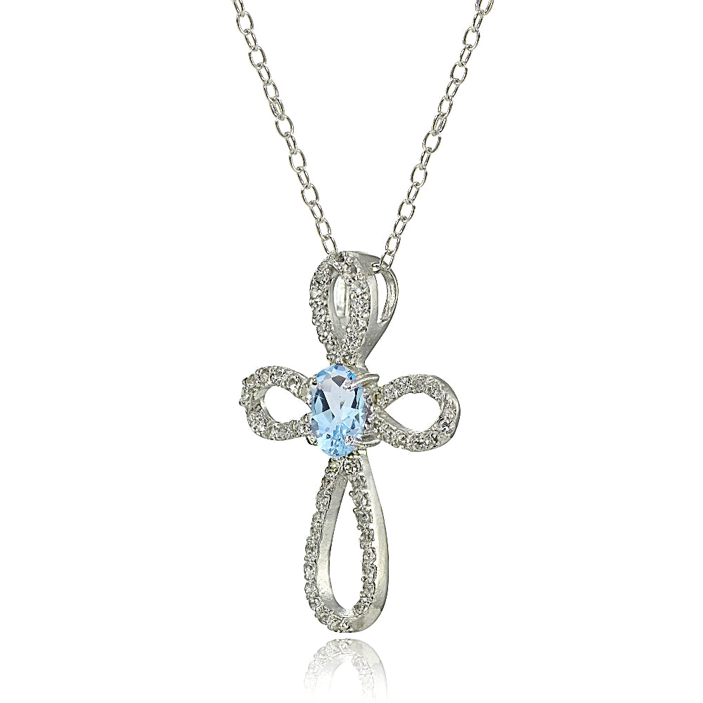 Sterling Silver Blue Topaz & White Topaz Infinity Cross Necklace-2