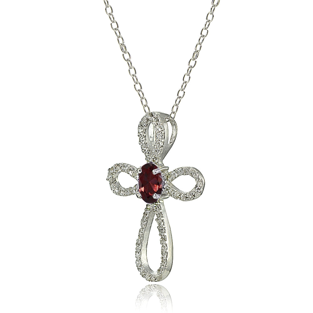Sterling Silver Garnet & White Topaz Infinity Cross Necklace-2