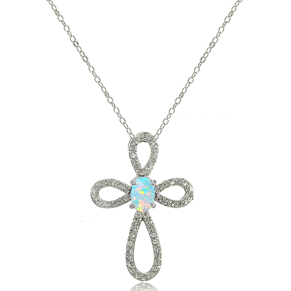 Sterling Silver Created White Opal & White Topaz Infinity Cross Necklace