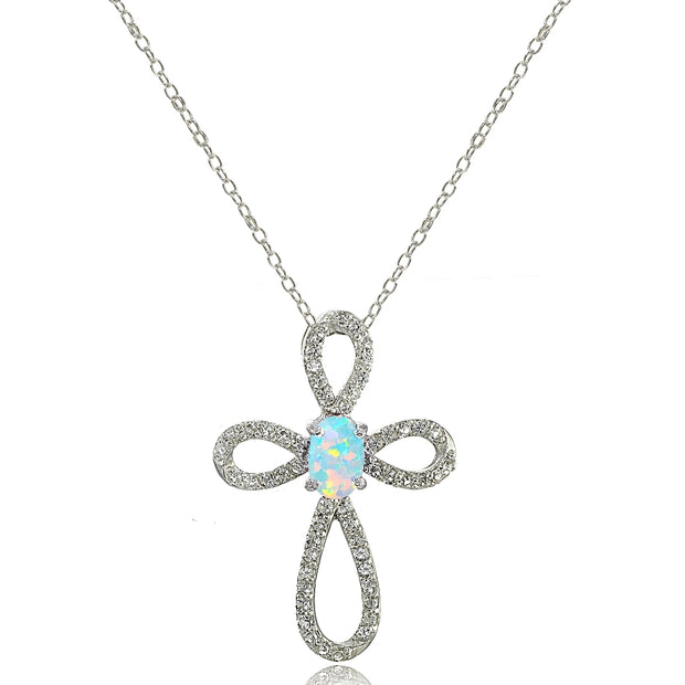 Sterling Silver Created White Opal & White Topaz Infinity Cross Necklace